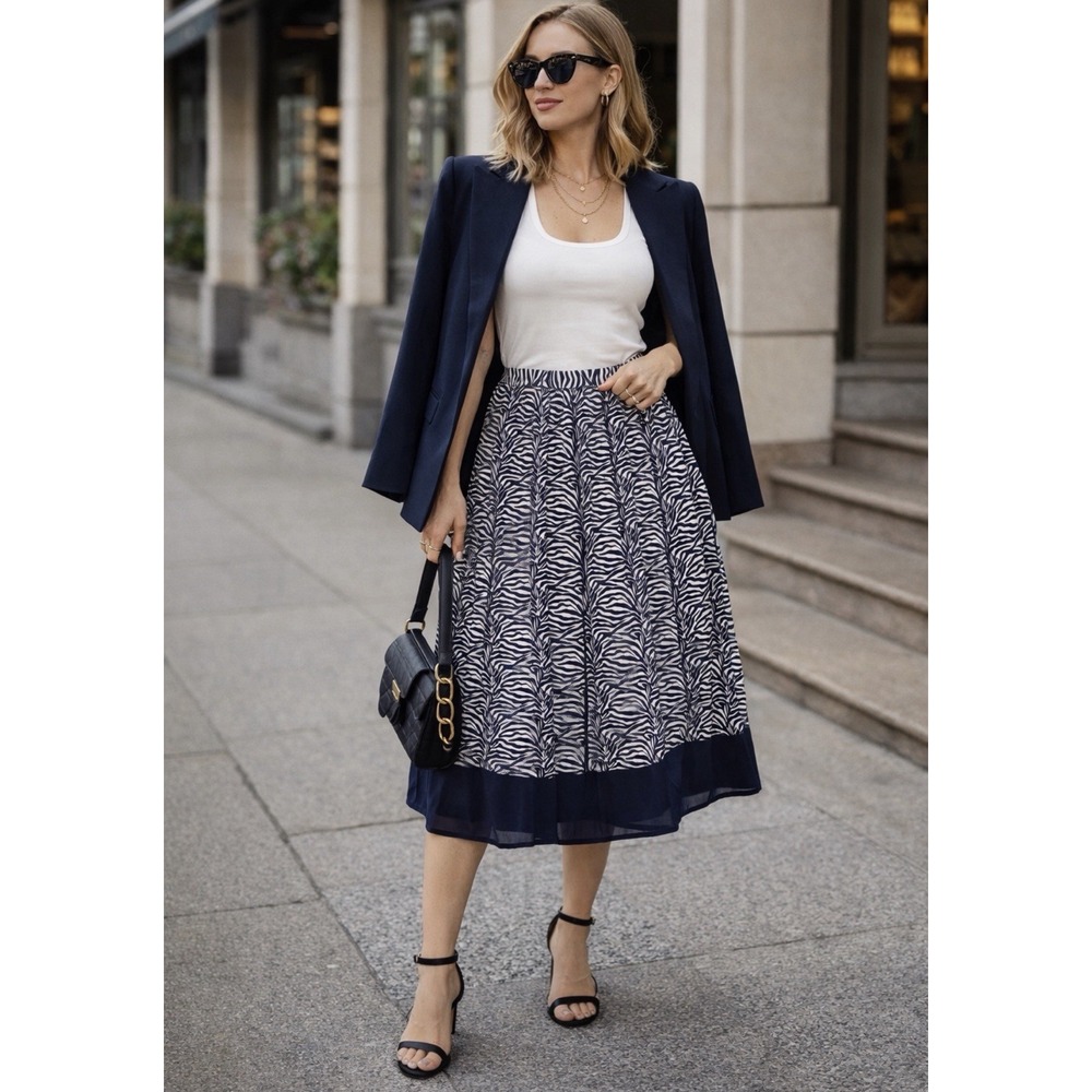 Coldwater‎ Creek Midi Skirt 1X 16/18 Navy Zebra Preppy Lightweight Office Career